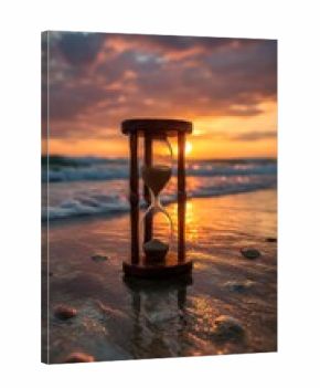 An antique wooden hourglass, its sand flowing like time, sits on a beach at sunset, a perfect concept for business