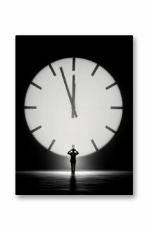Una figura solitaria se enfrenta a un reloj gigante, simbolizando la presión y el peso del tiempo.
