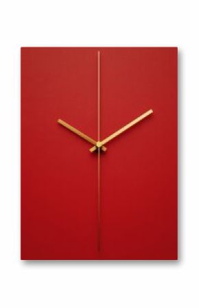 Modern abstract wall clock with golden hands on a vibrant red background