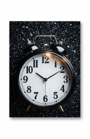 Classic black alarm clock on a starry background