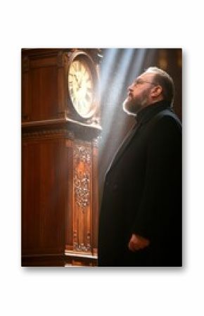 A man in a dark coat gazes thoughtfully at an ornate grandfather clock illuminated by beam of light