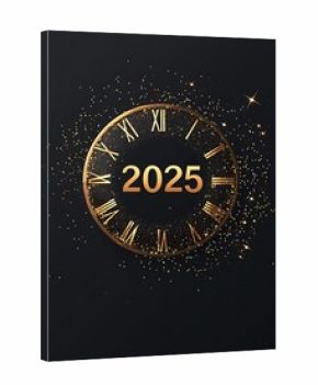 A golden clock design displays the year 2025, surrounded by sparkling effects on a dark background.