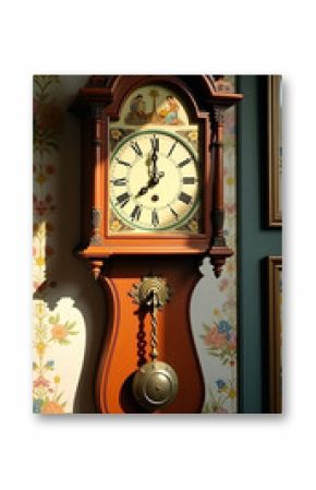 Traditional wooden wall clock with pendulum and floral decorated background