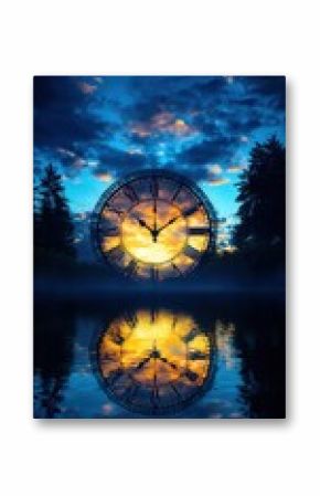 A captivating image of a giant clock reflecting beautifully in tranquil waters under a stunning sunset, surrounded by lush trees and a starry sky, evoking a sense of serenity and contemplation.