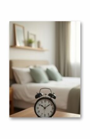 Cozy Bedroom Featuring a Bedside Clock on a Wooden Table With a Blurred Background of a Bed and Window. Generative AI