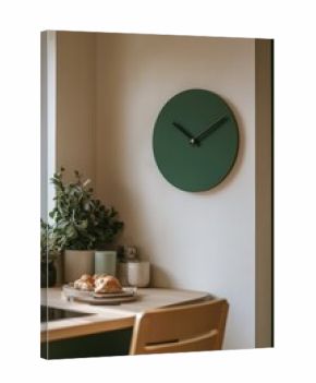 A minimalist kitchen corner features a green wall clock and breakfast setup, conveying a cozy, modern atmosphere.