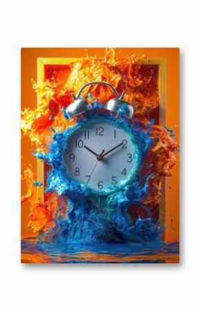 Dynamic water explosion with alarm clock studio setting high-impact visuals creative concept bold colors