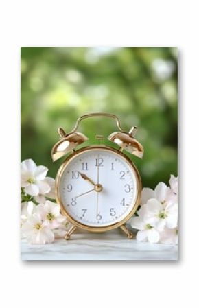 Elegant gold alarm clock surrounded by white blossoms against a soft green natural background