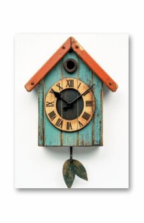 Rustic teal blue birdhouse cuckoo clock with orange roof, roman numerals, and leaf pendulum.