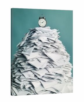 Overwhelming paperwork mountain with a small clock indicating urgent deadlines. Generative AI