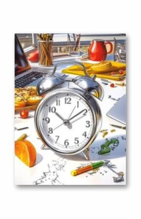 La independencia financiera ilustrada con un reloj y un entorno minimalista en una mesa de trabajo