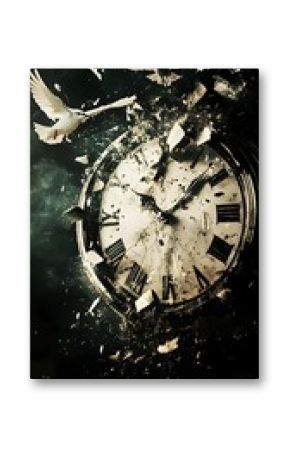18. **A shattered clock with pieces turning into birds flying away**