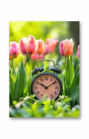 A clock sits amidst a lush field of flowers, perfect for spring or summer-themed designs