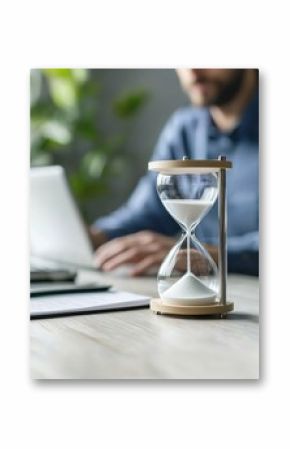 A modern hourglass sits on a desk, with a person working on a laptop in the background, highlighting themes of time management and productivity.