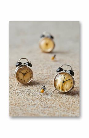 Miniature Alarm Clocks and Insects on Beige Surface