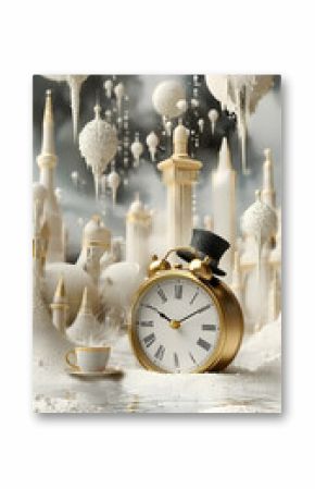 Whimsical Gold Alarm Clock in a White Fantasy Cityscape