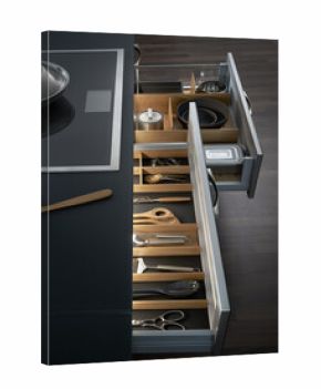 Modern kitchen, Open drawers, Set of cutlery trays in kitchen drawer. Solid oak wood cutlery drawer inserts.
