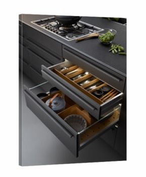 Modern kitchen, Open drawers, Set of cutlery trays in kitchen drawer. Solid oak wood cutlery drawer inserts.