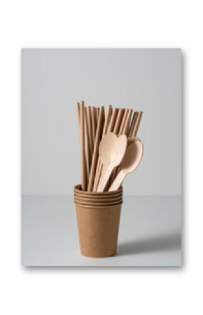 Disposable paper cups, straws, and spoons on a white background. Zero-waste concept.