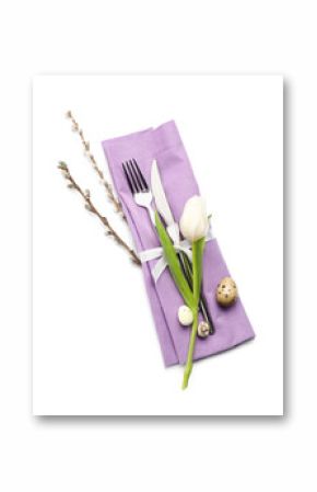 Stylish cutlery for Easter celebration on white background