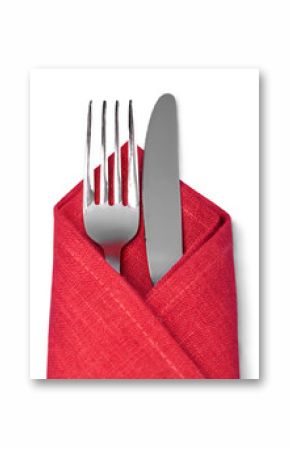 Fork and spoon in a red cloth isolated on white background