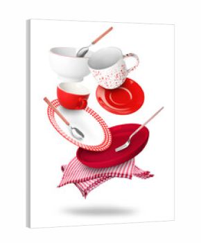 Flying stylish clean tableware, napkins and cutlery on white background