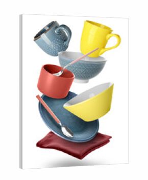 Flying clean tableware, napkin and cutlery on white background