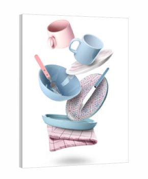 Flying stylish clean tableware, napkin and cutlery on white background