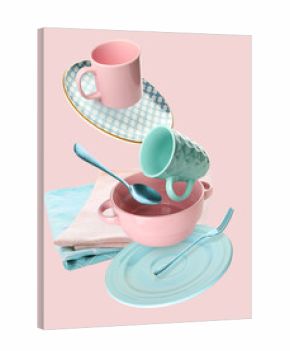 Flying clean dishes, napkins and cutlery on pink background