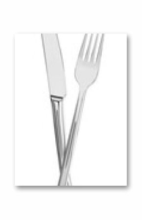 Fork and knife isolated on white, top view. Stylish shiny cutlery set