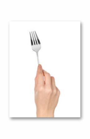 Woman holding clean fork on white background, closeup