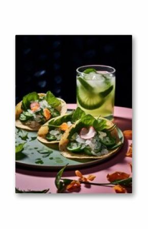 Tacos de Nopal, paired with a chilled horchata, under ambient restaurant lighting, photographed with a Fujifilm X-T3, using a 35mm f/1.4 lens --v 5.2 --ar 83:125 --no cutlery knives forks spoons hands