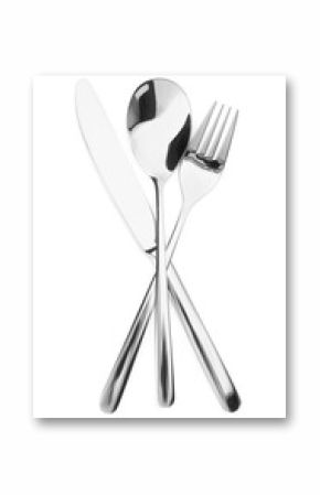 Shiny silver fork, spoon and knife isolated on white. Luxury cutlery set