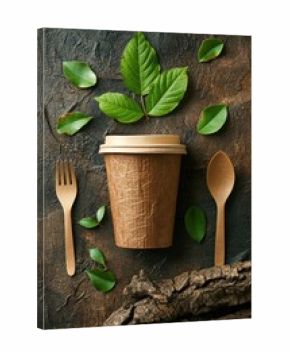 Disposable coffee cup with cutlery and green leaves on dark background