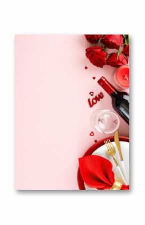 Sweet rendezvous: savoring Valentine's day magic. Top view vertical flat lay of plates, cutlery, hearts, candle, red roses, wine bottle, wine glass on pastel pink background with advert zone