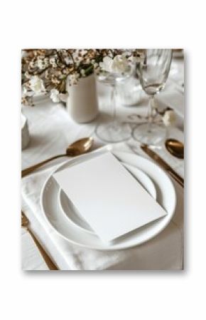 Elegant dining wedding table setting featuring a blank menu card for number or text custom mockup on white plates complemented by delicate flowers and gold cutlery