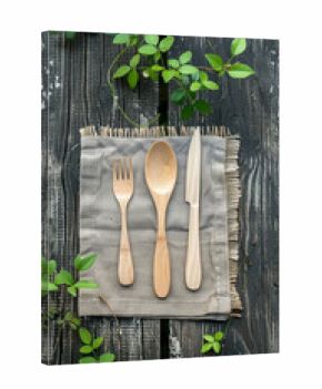 Wooden cutlery on a picnic table among trees for an outdoor meal.