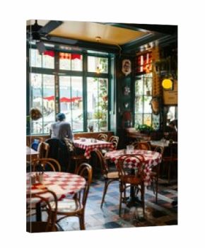 A European-style cafe with bistro tables, checkered tablecloths, and the sound of clinking cutlery and laughter filling the air, Generative AI