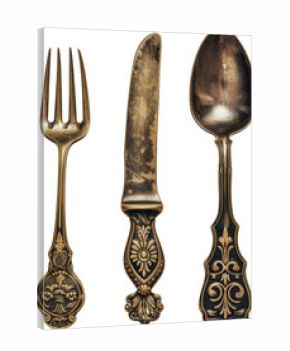 Elegant gold cutlery set cut out on transparent background