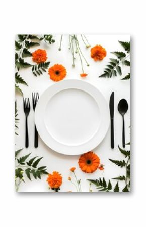 White table with orange flowers, green leaves and black cutlery around the plate. On top of it is a blank empty menu for layouts. The background color must be white.