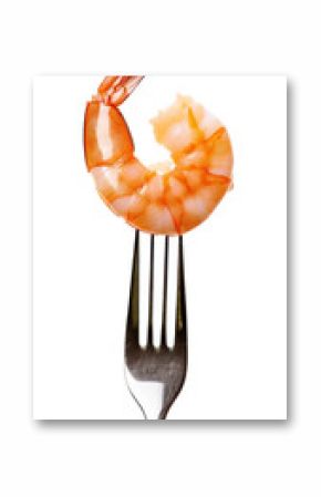 PNG A cooked Peeled shrimp on a fork food seafood white background.