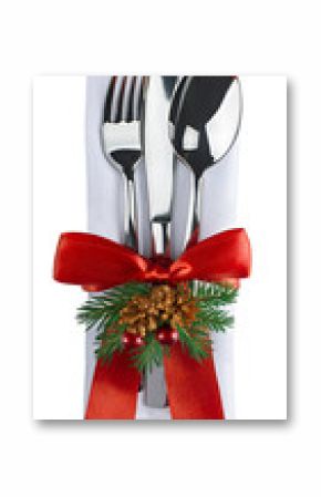 Christmas silverware and napkin isolated on white background