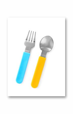 Colorful eating utensils for baby on white background