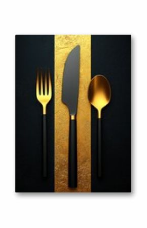 Elegant tableware a golden fork, knife, spoon over gold and dark background
