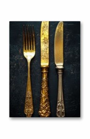Elegant gold fork and ornate knives on dark, textured surface, simple presentation