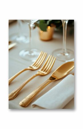 Table adorned with gold cutlery and silverware in elegant setting.