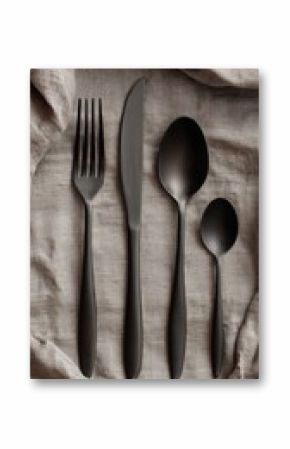 A set of black cutlery arranged neatly on a textured fabric surface. Includes a fork, knife, spoon, and smaller spoon. It's a perfect presentation of elegant dining