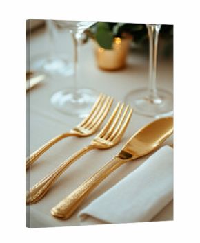 Table adorned with gold cutlery and silverware in elegant setting.