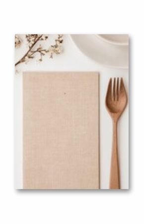Beige Menu Card Mockup with Wooden Cutlery and Plate