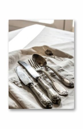 Vintage silverware on a linen cloth, bathed in soft light. Evokes elegance and rustic charm. Perfect for culinary, dining, or nostalgic themes.